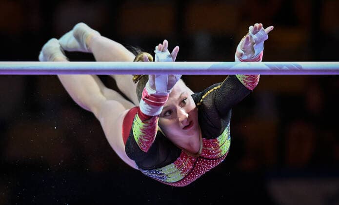 Sport Bilder des Tages Belgian gymnast Lisa Vaelen pictured in action during the qualifications for the women s artistic gymnastics event, the uneven bars, at the European Championships Munich 2022, in Munich, Germany, on Thursday 11 August 2022. The second edition of the European Championships takes place from 11 to 22 August and features nine sports. ERICxLALMAND  x38653043x