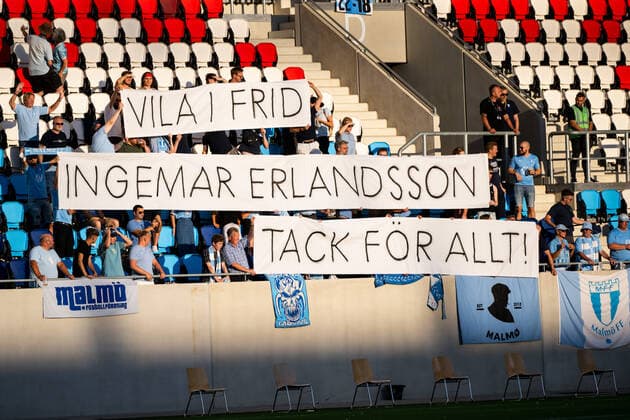 220811 Supporters of Malmö hold a banner saying Vila I frid Ingemar Erlandsson. Tack för allt during the UEFA Europa League qualification between Diddeleng and Malmö FF on August 11, 2022 in Luxembourg. Photo: Daniel Stiller BILDBYRAN kod DS DS0267 fotboll football soccer fotball uefa europa league diddeleng malmö ff bbeng publik Copyright: DANIELxSTILLER BB220811DS013