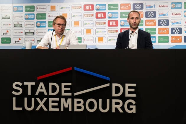 220811 Press officer Peter SohlmÃ r and coach Andreas Georgson of Malmö FF during the press conference, PK, Pressekonferenz after the UEFA Europa League qualification between Diddeleng and Malmö FF on August 11, 2022 in Luxembourg. Photo: Daniel Stiller BILDBYRAN kod DS DS0267 fotboll football soccer fotball uefa europa league diddeleng malmö ff bbeng Copyright: DANIELxSTILLER BB220811DS065