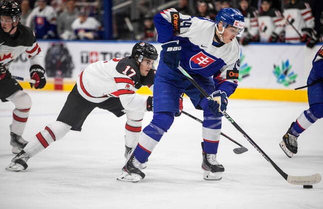 August 11, 2022, EDMONTON, AB, CANADA: Canada s Ridly Grieg (17) chases Slovakia s Maros Jedlicka (14) during first period IIHF World Junior Hockey Championship action in Edmonton on Thursday August 11, 2022. Canada News - August 11, 2022  - ZUMAc35_ 20220811_zaf_c35_202 Copyright: xJasonxFransonx