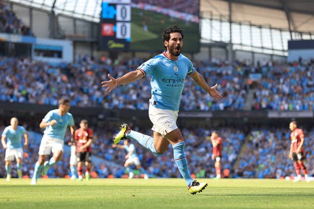 Football - Premier League - Manchester City v Bournemouth 13th August 2022 - Premier League - Manchester City v Bournemouth - Ilkay Gundogan of Manchester City celebrates after scoring their 1st goal - Photo: Simon Stacpoole Offside. Manchester UK Copyright: xSimonxStacpoolexOffside