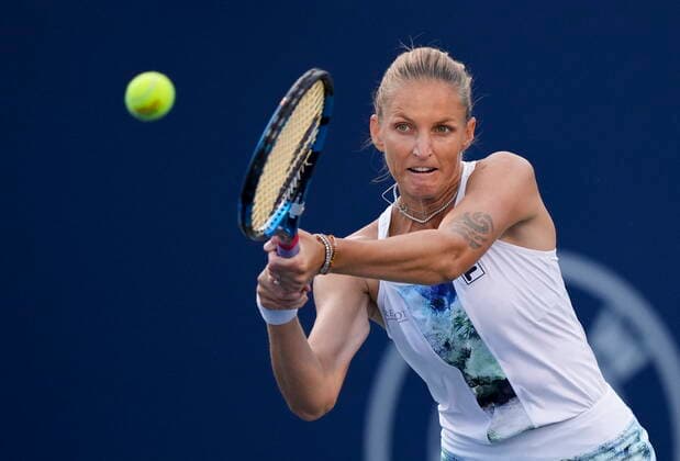 August 13, 2022, TORONTO, ON, CANADA: Karolina Pliskova, of the Czech Republic, returns against Brazil s Beatriz Haddad Maia during the National Bank Open semi-final tennis tournament action in Toronto on Saturday, August 13, 2022. Canada News - August 13, 2022  - ZUMAc35_ 20220813_zaf_c35_145 Copyright: xNathanxDenettex