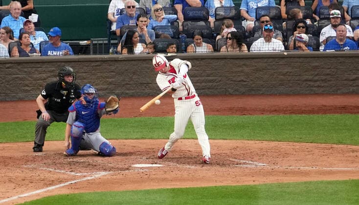 AUG 13, 2022: Kansas City Royals left fielder Brent Rooker (55) gets his first major league hot and RBI at Kauffman Stadium Kansas City, Missouri. The Dodgers beat the Kansas City Royals 13-3 CSM. Kansas City United States - ZUMAc04_ 20220813_zaf_c04_034 Copyright: xJonxRobichaudx