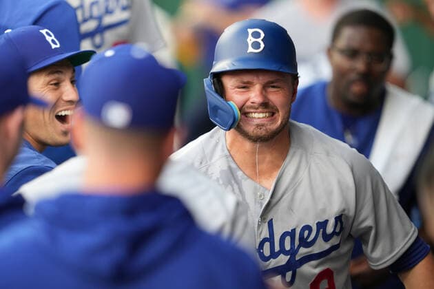 AUG 13, 2022: Los Angeles Dodgers second baseman Gavin Lux (9) celebrates his home run in the dugout at Kauffman Stadium Kansas City, Missouri. The Dodgers beat the Kansas City Royals 13-3 CSM. Kansas City United States - ZUMAc04_ 20220813_zaf_c04_048 Copyright: xJonxRobichaudx