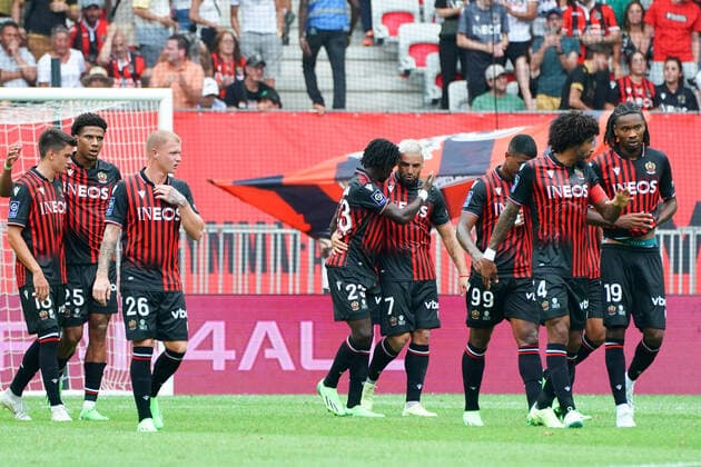 Joie- Andy Delort (OGC Nice) - Jordan Lotomba (OGC Nice) FOOTBALL : OGC Nice vs Strasbourg - Ligue 1 Uber Eats - Nice - 14 08 2022 NorbertScanella Panoramic 