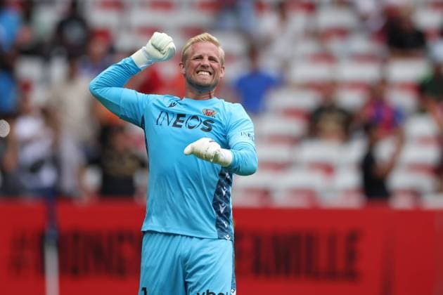Nice, France, 14th August 2022. Kasper Schmeichel of OGC Nice celebrates after team mate Andy Delort scored a first half penalty to give the side a 1-0 lead during the Uber Eats Ligue 1 match at Allianz Riviera Stadium, Nice. Picture credit should read: Jonathan Moscrop Sportimage EDITORIAL USE ONLY. No use with unauthorised audio, video, data, fixture lists, club league logos or live services. Online in-match use limited to 120 images, no video emulation. No use in betting, games or single club league player publications. SPI-1786-0008