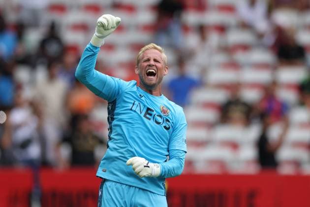 Nice, France, 14th August 2022. Kasper Schmeichel of OGC Nice celebrates after team mate Andy Delort scored a first half penalty to give the side a 1-0 lead during the Uber Eats Ligue 1 match at Allianz Riviera Stadium, Nice. Picture credit should read: Jonathan Moscrop Sportimage EDITORIAL USE ONLY. No use with unauthorised audio, video, data, fixture lists, club league logos or live services. Online in-match use limited to 120 images, no video emulation. No use in betting, games or single club league player publications. SPI-1786-0009