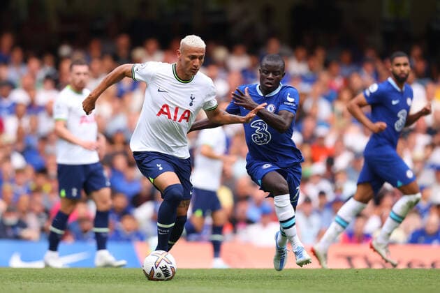 14th August 2022; Stamford Bridge, Chelsea, London, England: Premier League football, Chelsea versus Tottenham: Richarlison of Tottenham Hotspur competes for the ball with Ngolo Kante of Chelsea  ActionPlus12418328 ShaunxBrooks