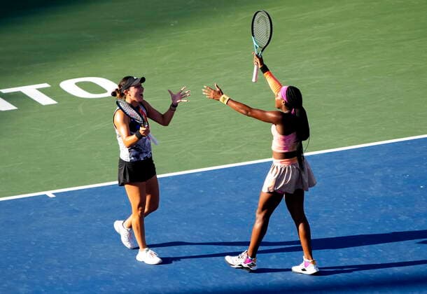 August 14, 2022, TORONTO, ON, CANADA: Coco Gauff, right, and Jessica Pegula, of the United States, reacts after defeating Nicole Melichar-Martinez, of the United States and Ellen Perez, of Australia, during the National Bank Open double finals tennis tournament in Toronto on Sunday, August 14, 2022. Canada News - August 14, 2022 - ZUMAc35_ 20220814_zaf_c35_151 Copyright: xNathanxDenettex
