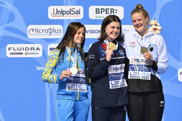 Bilder des Jahres 2022, Sport 08 August Sport Themen der Woche KW33 Sport Bilder des Tages SPENDOLINI SIRIEIX A. (GBR), LYSKUN Sofiia (UKR) and WASSEN Christina (GBR) during the LEN European Diving Championships finals on 17th August 2022 at the Foro Italico in Rome, Italy.  Copyright: xDomenicoxCippitellix xipa-agencyx xLivexMediax 0