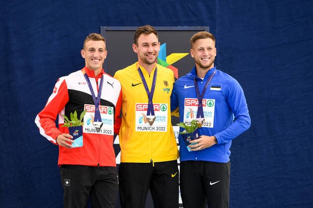 17.08.2022, xkaix, Leichtathletik European Championships, emspor, v.l. Simon Ehammer (Schweiz), Niklas Karl (Deutschland), Janek Oiglane (Estland)