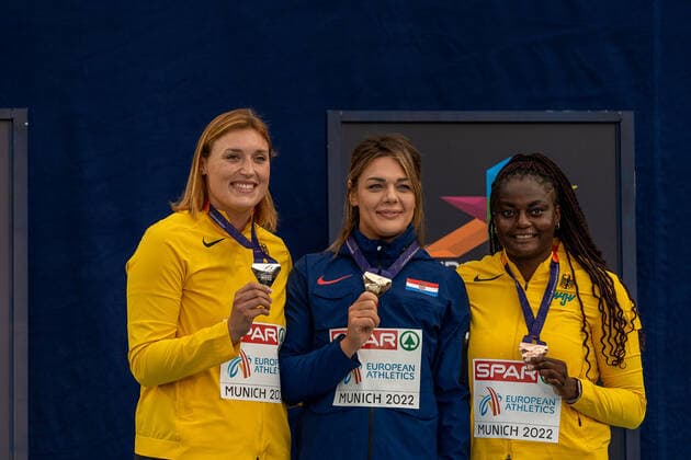 PUDENZ Kristin (GER), Discus Throw Women (Diskuswurf Frauen), Silber, VITA Claudine (GER), Discus Throw Women (Diskuswurf Frauen), Bronze, PERKOVIC Sandra (CRO), Discus Throw Women (Diskuswurf Frauen), Gold GER, Athletics (Leichtathletik), European Championships Munich 2022, 17.08.2022, GER, Athletics (Leichtathletik), European Championships Munich 2022, 17.08.2022 Muenchen Copyright: xEibner-Pressefotox EP_SMR