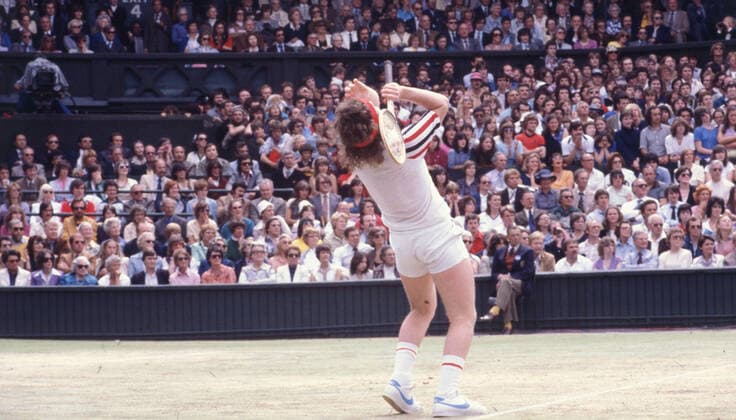 July 4, 1980, Wimbledon, England, United Kingdom: JOHN MCENROE missing a return of the ball from Bjorn Borg during the mens singles championship match. Borg beat John McEnroe 1-6, 7-5, 6-3, 7-6, 8-6 after a 3 hour and 53 minute match. Wimbledon United Kingdom - ZUMAk09_ 19800704_jtc_k09_854 Copyright: xKeystonexPressxAgencyx