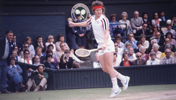 July 4, 1980, Wimbledon, England, United Kingdom: JOHN MCENROE returning the ball from Bjorn Borg during the mens singles championship match. Borg beat John McEnroe 1-6, 7-5, 6-3, 7-6, 8-6 after a 3 hour and 53 minute match. Wimbledon United Kingdom - ZUMAk09_ 19800704_jtc_k09_855 Copyright: xKeystonexPressxAgencyx