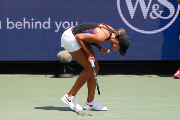 CINCINNATI, OH - AUGUST 19: Madison Keys of the United States reacts after defeating her opponent Elena Rybakina of Kazakh during the quarterfinals at Western & Southern Open on August 19, 2022, at the Lindner Family Tennis Center in Mason, OH. (Photo by Ian Johnson Icon Sportswire) TENNIS: AUG 19 Western & Southern Open Icon220819010