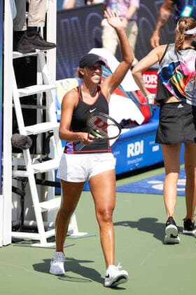 CINCINNATI, OH - AUGUST 19: Madison Keys of the United States reacts after defeating her opponent Elena Rybakina of Kazakh during the quarterfinals at Western & Southern Open on August 19, 2022, at the Lindner Family Tennis Center in Mason, OH. (Photo by Ian Johnson Icon Sportswire) TENNIS: AUG 19 Western & Southern Open Icon220819015