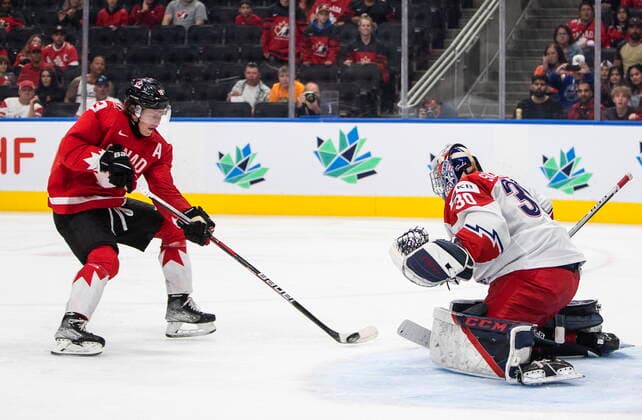 August 19, 2022, EDMONTON, AB, CANADA: Canada s Kent Johnson (13) is stopped by Czechia goalie Tomas Suchanek (30) during second period IIHF World Junior Hockey Championship semifinal action in Edmonton on Friday August 19, 2022. Canada News - August 19, 2022  - ZUMAc35_ 20220819_zaf_c35_076 Copyright: xJasonxFransonx