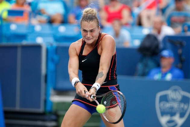 CINCINNATI, OH - AUGUST 20: Aryna Sabalenka of Belarus hits a backhand during the semifinal at the Western & Southern Open on August 20, 2022, at the Lindner Family Tennis Center in Mason, OH. (Photo by Ian Johnson Icon Sportswire) TENNIS: AUG 20 Western & Southern Open Icon220820052