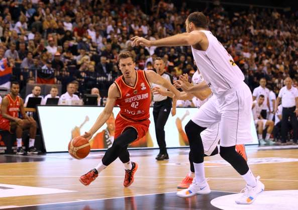 Photo : am Ball Andreas OBST ( Germany ) Basketball - Supercup Sat. 20.08. 2022 4 Nations Cup in Hamburg Deutschland - Serbien