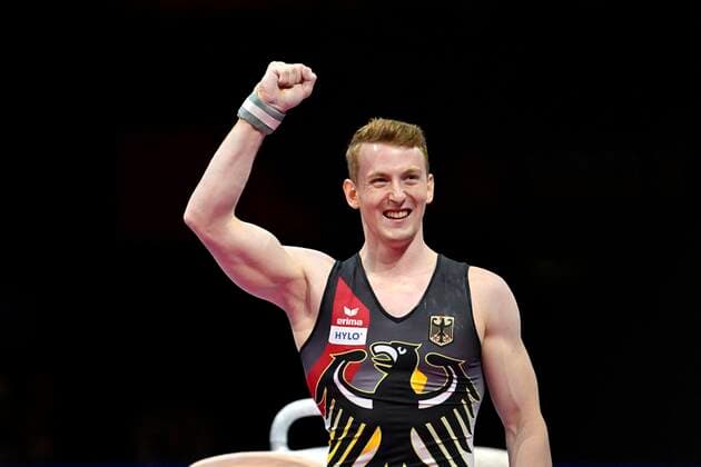 Bilder des Jahres 2022, Sport 08 August Sport Themen der Woche KW33 21.08.2022, European Championchips München 2022, Geräteturnen Finale Männer, in der Olympiahalle München, Nils Dunkel (Deutschland) Jubel nach seiner Darbietung am Pauschenpferd, er macht den dritten Platz, Bronzemedaille. *** 21 08 2022, European Championchips Munich 2022, apparatus gymnastics final men, in the Olympiahalle Munich, Nils Dunkel Germany cheers after his performance on pommel horse, he makes the third place, bronze medal
