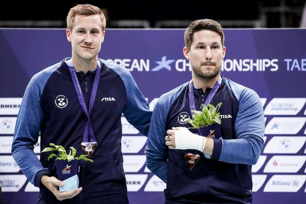 VARIOUS SPORTS - European Championships MUNICH,GERMANY,21.AUG.22 - Table tennis, Tischtennis - European Championships, men. Image shows Mattias Falck and Kristian Karlsson (SWE). Keywords: medal.  GEPAxpictures xPatrickxSteiner