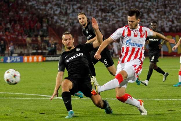 23.08.2022 Belgrade(Serbia) FK Crvena Zvezda(Red Star)-FC Maccabi Haifa play off champions league men s football Mirko Ivanic(R) Crvena Zvezda(Red Star) scores second goal for his team beside Sean Goldberg(L),Bogdan Planic(C) Maccabi Haifa :Str