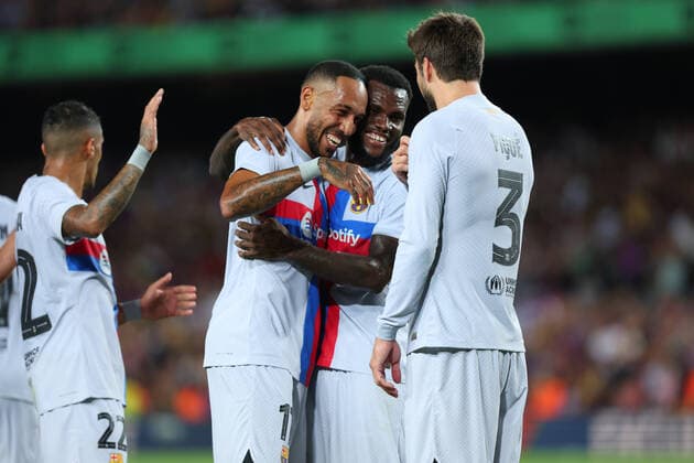 August 24, 2022, Barcelona, Spain: players of FC Barcelona, Barca celebrates a goal during the benefic friendly match to raise funds for ELA between FC Barcelona and Manchester City at Spotify Camp Nou in Barcelona, Spain. Barcelona Spain - ZUMAd159 20220824_zia_d159_220 Copyright: xDavidxRamirezx