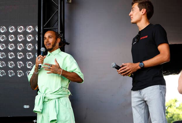 44 Lewis Hamilton (GBR, Mercedes-AMG Petronas F1 Team), 63 George Russell (GBR, Mercedes-AMG Petronas F1 Team), F1 Grand Prix of Belgium at Circuit de Spa-Francorchamps on August 25, 2022 in Spa-Francorchamps, Belgium. (Photo by HOCH ZWEI) Spa-Francorchamps Belgium