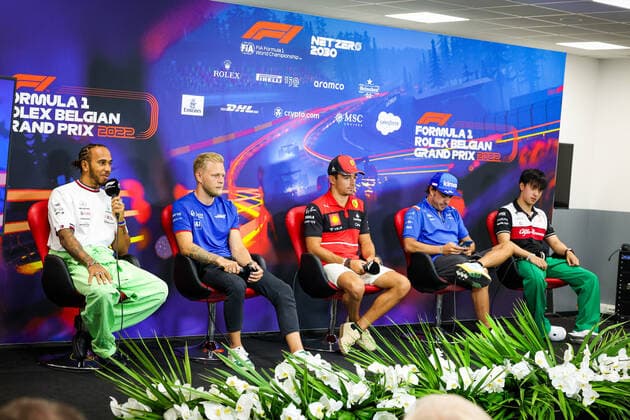 press conference, PK, Pressekonferenz HAMILTON Lewis (gbr), Mercedes AMG F1 Team W13, MAGNUSSEN Kevin (den), Haas F1 Team VF-22 Ferrari, LECLERC Charles (mco), Scuderia Ferrari F1-75, ALONSO Fernando (spa), Alpine F1 Team A522, ZHOU Guanyu (chi), Alfa Romeo F1 Team ORLEN C42, portrait during the Formula 1 Rolex Belgian Grand Prix 2022, 14th round of the 2022 FIA Formula One World Championship, WM, Weltmeisterschaft from August 26 to 28, 2022 on the Circuit de Spa-Francorchamps, in Francorchamps, Belgium - F1 - BELGIAN GRAND PRIX 2022 DPPI Panoramic 20220825_GOOD2711