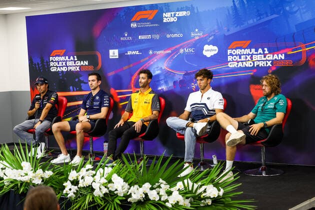 PEREZ Sergio (mex), Red Bull Racing RB18, LATIFI Nicholas (can), Williams Racing FW44, RICCIARDO Daniel (aus), McLaren F1 Team MCL36, GASLY Pierre (fra), Scuderia AlphaTauri AT03, VETTEL Sebastian (ger), Aston Martin F1 Team AMR22, portrait during the Formula 1 Rolex Belgian Grand Prix 2022, 14th round of the 2022 FIA Formula One World Championship, WM, Weltmeisterschaft from August 26 to 28, 2022 on the Circuit de Spa-Francorchamps, in Francorchamps, Belgium - F1 - BELGIAN GRAND PRIX 2022 DPPI Panoramic 20220825_GOOD2805