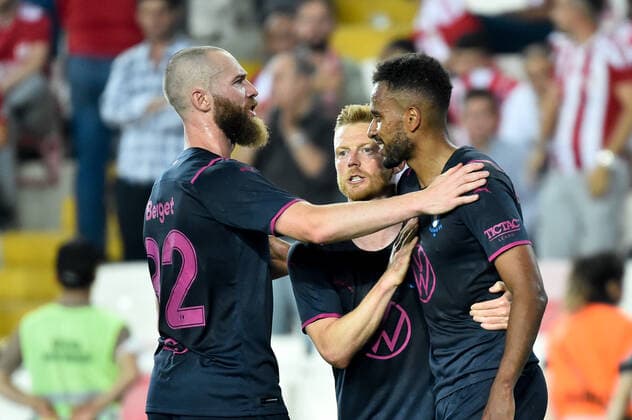 220825 Jo Inge Berget, Anders Christiansen and Isaac Kiese Thelin of Malmö FF celebraters after 0-2 scored by Isaac Kiese Thelin during the UEFA Europa League play-off match between Sivasspor and Malmö FF on August 25, 2022 in Sivas. Photo: Christian Örnberg BILDBYRAN COP 166 CO0221 fotboll football soccer fotball uefa europa league play-off sivasspor malmö ff bbeng jubel Copyright: CHRISTIANxÖRNBERG BB220825CO060
