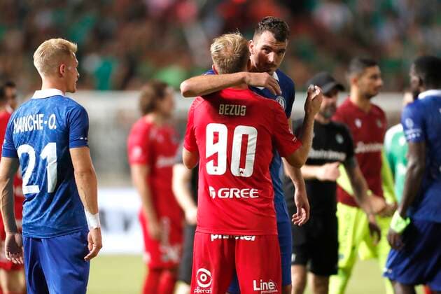 NICOSIA, CYPRUS - AUGUST 25 : Lemajic Darko forward of KAA Gent - Bezus Roman forward of Omonia during the UEFA Europa Conference league Fourth Qualifying Round match second leg between Omonia Nicosia and Kaa Gent on august 25, 2022 in Nicosia, Cyprus, 25 08 2022 ( Omonia Nicosia v Kaa Gent - Conference League PhotoNews Panoramic 