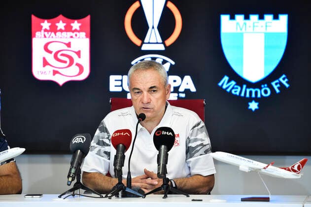 220825 Head coach RÄ±za Ã?alÄ±mbay of Sivasspor on a press conference, PK, Pressekonferenz after the UEFA Europa League play-off match between Sivasspor and Malmö FF on August 25, 2022 in Sivas. Photo: Christian Örnberg BILDBYRAN COP 166 CO0221 fotboll football soccer fotball uefa europa league play-off sivasspor malmö ff bbeng Copyright: CHRISTIANxÖRNBERG BB220825CO076