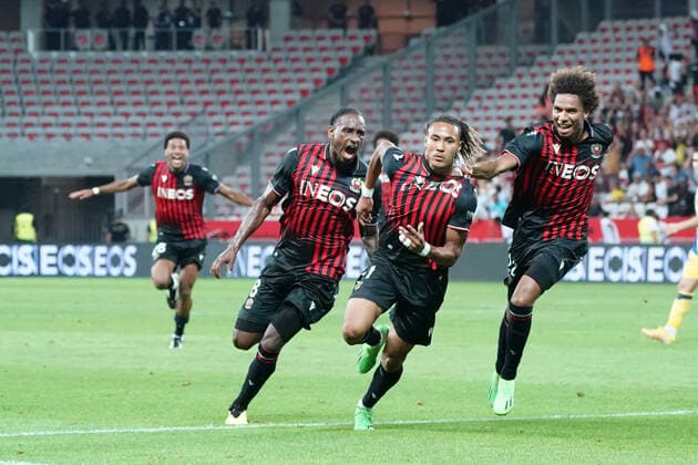 Joie - Alexis Beka Beka (OGC Nice) - Pablo Rosario (OGC Nice) - Calvin Stengs (OGC Nice) FOOTBALL : OGC Nice vs Maccabi Tel Aviv - Barrage retour de confÃ rence Ligue - Nice - 25 08 2022 NorbertScanella Panoramic 