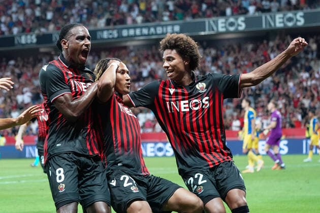 Joie - Alexis Beka Beka (OGC Nice) - Pablo Rosario (OGC Nice) - Calvin Stengs (OGC Nice) FOOTBALL : OGC Nice vs Maccabi Tel Aviv - Barrage retour de confÃ rence Ligue - Nice - 25 08 2022 NorbertScanella Panoramic 