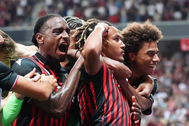 Joie - Alexis Beka Beka (OGC Nice) - Pablo Rosario (OGC Nice) - Calvin Stengs (OGC Nice) FOOTBALL : OGC Nice vs Maccabi Tel Aviv - Barrage retour de confÃ rence Ligue - Nice - 25 08 2022 NorbertScanella Panoramic 