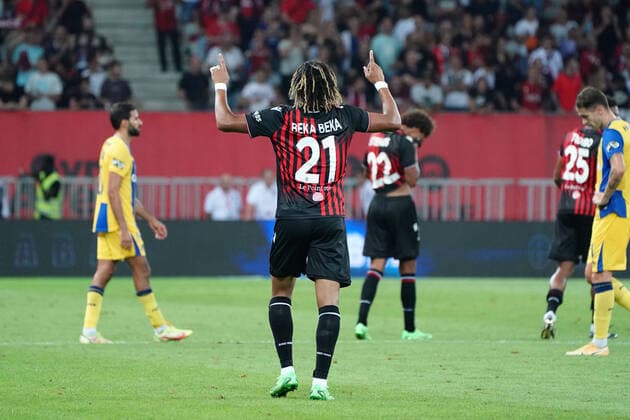 Joie - Alexis Beka Beka (OGC Nice) FOOTBALL : OGC Nice vs Maccabi Tel Aviv - Barrage retour de confÃ rence Ligue - Nice - 25 08 2022 NorbertScanella Panoramic 
