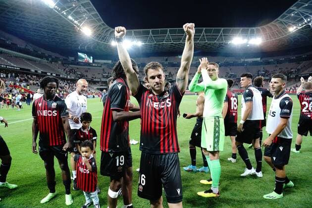 joie - Aaron Ramsey (OGC Nice) FOOTBALL : OGC Nice vs Maccabi Tel Aviv - Barrage retour de confÃ rence Ligue - Nice - 25 08 2022 NorbertScanella Panoramic 