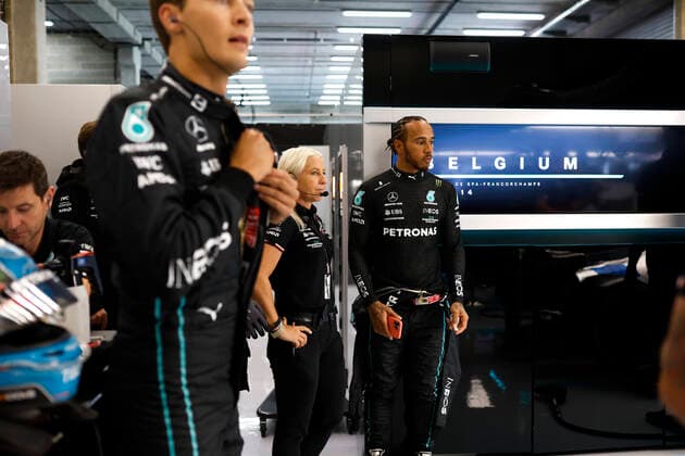 63 George Russell (GBR, Mercedes-AMG Petronas F1 Team), 44 Lewis Hamilton (GBR, Mercedes-AMG Petronas F1 Team), F1 Grand Prix of Belgium at Circuit de Spa-Francorchamps on August 26, 2022 in Spa-Francorchamps, Belgium. (Photo by HOCH ZWEI) Spa-Francorchamps Belgium