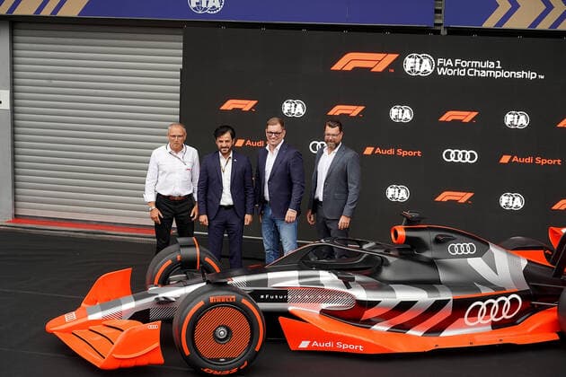 26.08.2022, Circuit de Spa-Francorchamps, Spa-Franchorchamps, FORMULA 1 ROLEX BELGIAN GRAND PRIX 2022 , im Bild Pressekonferenz zum Einstieg von Audi in die Formel 1 FIA-Präsident Mohammed bin Sulayem, Audi-CEO Markus Duesmann, Audi-CTO Oliver Hoffmann, Formel-1-CEO Stefano Domenicali Spa-Franchorchamps Circuit de Spa-Francorchamps Belgien