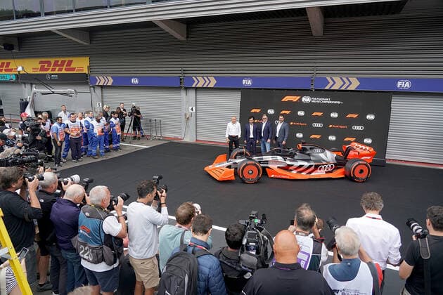 26.08.2022, Circuit de Spa-Francorchamps, Spa-Franchorchamps, FORMULA 1 ROLEX BELGIAN GRAND PRIX 2022 , im Bild Pressekonferenz zum Einstieg von Audi in die Formel 1 FIA-Präsident Mohammed bin Sulayem, Audi-CEO Markus Duesmann, Audi-CTO Oliver Hoffmann, Formel-1-CEO Stefano Domenicali Spa-Franchorchamps Circuit de Spa-Francorchamps Belgien