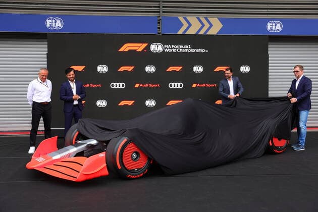 26.08.2022, Circuit de Spa-Francorchamps, Spa-Franchorchamps, FORMULA 1 ROLEX BELGIAN GRAND PRIX 2022 , im Bild Pressekonferenz zum Einstieg von Audi in die Formel 1 FIA-Präsident Mohammed bin Sulayem, Audi-CEO Markus Duesmann, Audi-CTO Oliver Hoffmann, Formel-1-CEO Stefano Domenicali Spa-Franchorchamps Circuit de Spa-Francorchamps Belgien