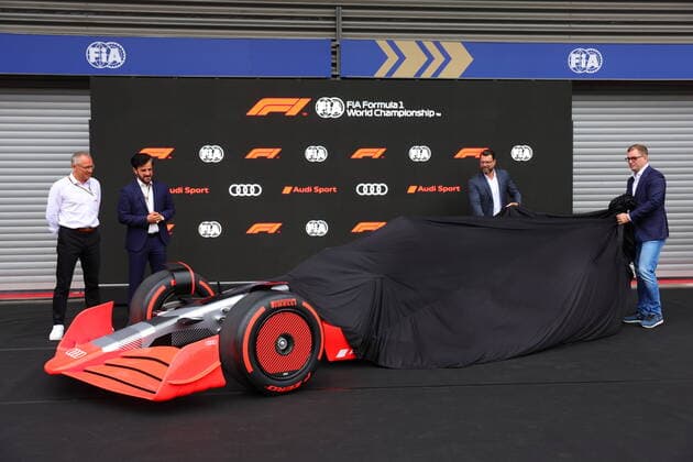 26.08.2022, Circuit de Spa-Francorchamps, Spa-Franchorchamps, FORMULA 1 ROLEX BELGIAN GRAND PRIX 2022 , im Bild Pressekonferenz zum Einstieg von Audi in die Formel 1 FIA-Präsident Mohammed bin Sulayem, Audi-CEO Markus Duesmann, Audi-CTO Oliver Hoffmann, Formel-1-CEO Stefano Domenicali Spa-Franchorchamps Circuit de Spa-Francorchamps Belgien