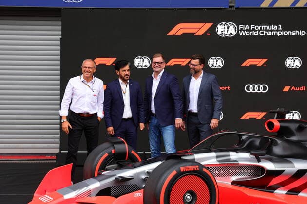 26.08.2022, Circuit de Spa-Francorchamps, Spa-Franchorchamps, FORMULA 1 ROLEX BELGIAN GRAND PRIX 2022 , im Bild Pressekonferenz zum Einstieg von Audi in die Formel 1 FIA-Präsident Mohammed bin Sulayem, Audi-CEO Markus Duesmann, Audi-CTO Oliver Hoffmann, Formel-1-CEO Stefano Domenicali Spa-Franchorchamps Circuit de Spa-Francorchamps Belgien