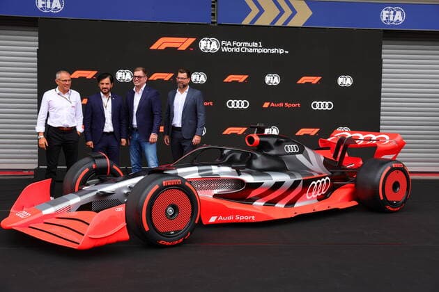 26.08.2022, Circuit de Spa-Francorchamps, Spa-Franchorchamps, FORMULA 1 ROLEX BELGIAN GRAND PRIX 2022 , im Bild Pressekonferenz zum Einstieg von Audi in die Formel 1 FIA-Präsident Mohammed bin Sulayem, Audi-CEO Markus Duesmann, Audi-CTO Oliver Hoffmann, Formel-1-CEO Stefano Domenicali Spa-Franchorchamps Circuit de Spa-Francorchamps Belgien