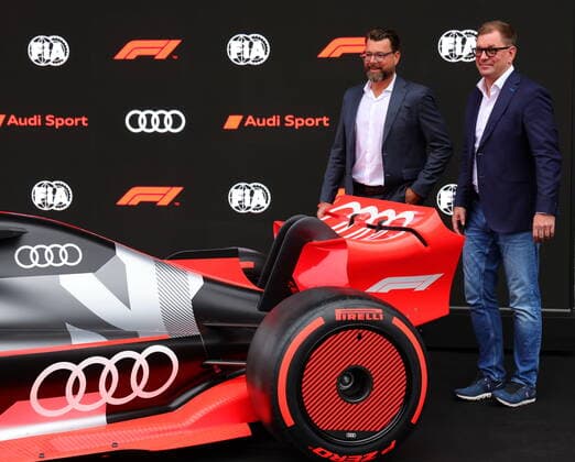 26.08.2022, Circuit de Spa-Francorchamps, Spa-Franchorchamps, FORMULA 1 ROLEX BELGIAN GRAND PRIX 2022 , im Bild Pressekonferenz zum Einstieg von Audi in die Formel 1 FIA-Präsident Mohammed bin Sulayem, Audi-CEO Markus Duesmann, Audi-CTO Oliver Hoffmann, Formel-1-CEO Stefano Domenicali Spa-Franchorchamps Circuit de Spa-Francorchamps Belgien