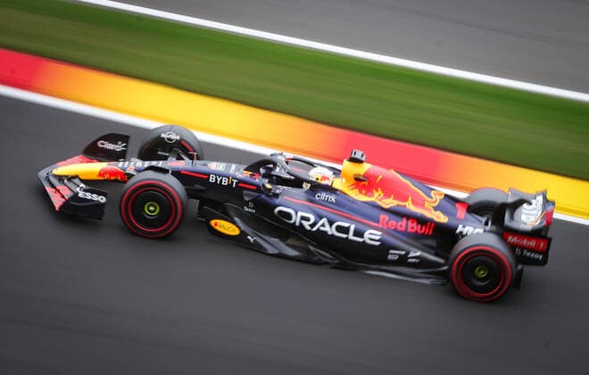 Oracle Red Bull Racing Dutch rider Max Verstappen pictured in action during the third practice session at the Grand Prix F1 of Belgium race, in Spa-Francorchamps, Saturday 27 August 2022. The Spa-Francorchamps Formula One Grand Prix takes place this weekend, from August 26th to August 28th. VIRGINIExLEFOUR  x41237148x