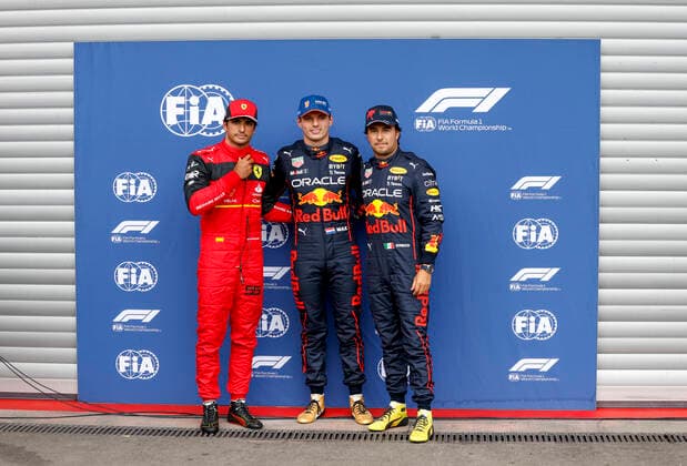 55 Carlos Sainz (ESP, Scuderia Ferrari), 1 Max Verstappen (NLD, Oracle Red Bull Racing), 11 Sergio Perez (MEX, Oracle Red Bull Racing), F1 Grand Prix of Belgium at Circuit de Spa-Francorchamps on August 27, 2022 in Spa-Francorchamps, Belgium. (Photo by HOCH ZWEI) Spa-Francorchamps Belgium