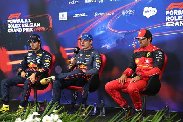11 Sergio Perez (MEX, Oracle Red Bull Racing), 1 Max Verstappen (NLD, Oracle Red Bull Racing), 55 Carlos Sainz (ESP, Scuderia Ferrari), F1 Grand Prix of Belgium at Circuit de Spa-Francorchamps on August 27, 2022 in Spa-Francorchamps, Belgium. (Photo by Mark Sutton Motorsport Images DPPI via HOCH ZWEI) Spa-Francorchamps Belgium