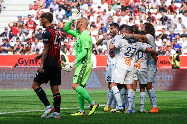 Kasper Schmeichel (OGC Nice) - Alexis Sanchez (Olympique de Marseille) - Jordan Veretout (Olympique de Marseille) - Nuno Tavares (Olympique de Marseille) - Matteo Guendouzi (Olympique de Marseille) - Jonathan Clauss (Olympique de Marseille) - Sead Kolasinac (Olympique de Marseille) FOOTBALL : OGC Nice vs Olympique de Marseille - Ligue 1 Uber Eats - Nice - 28 08 2022 NorbertScanella Panoramic 